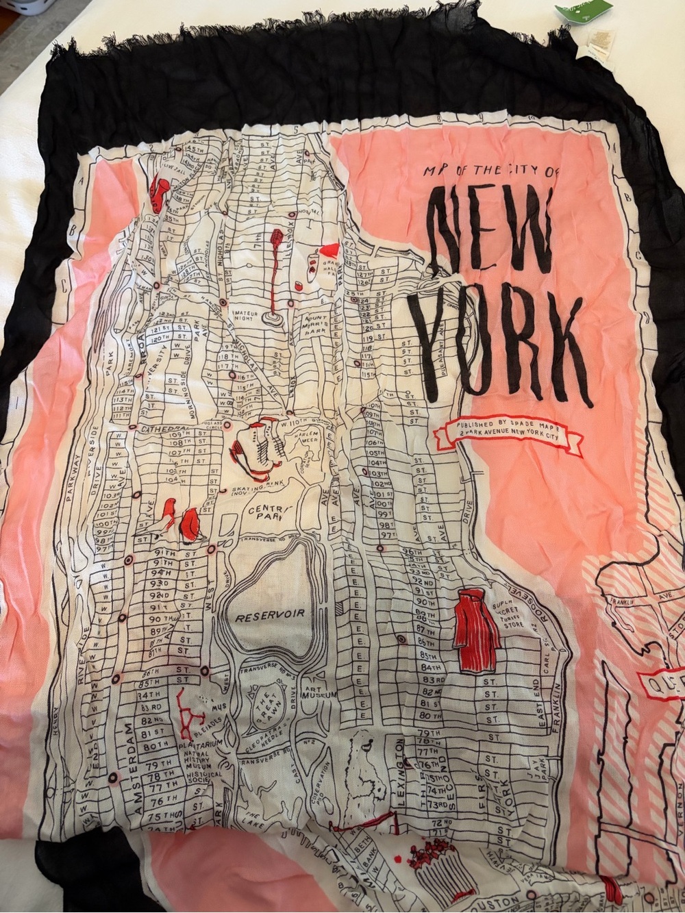 kate spade New York Map Scarf in Pink and Black with Red Accents